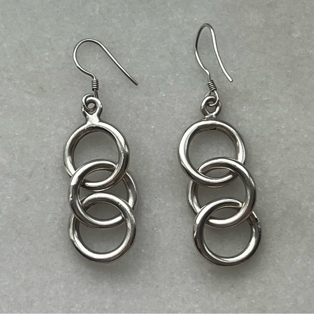 Sterling Silver Solid Three Ring Dangle Earrings - image 1